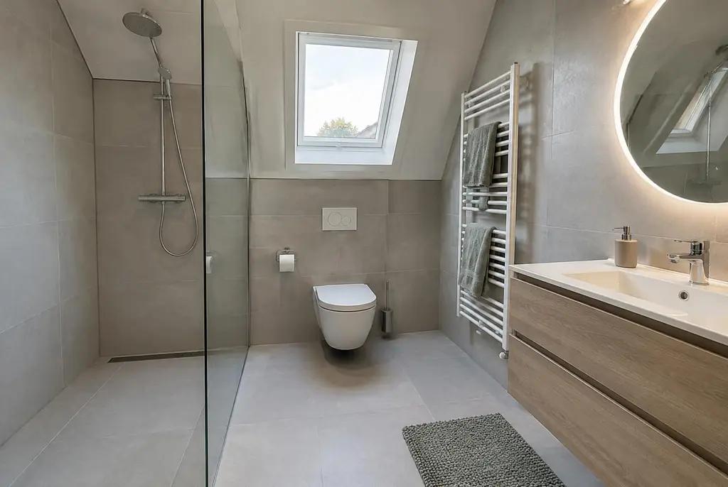 Lekdetectie Huizen – droge badkamer met inloopdouche na herstel
