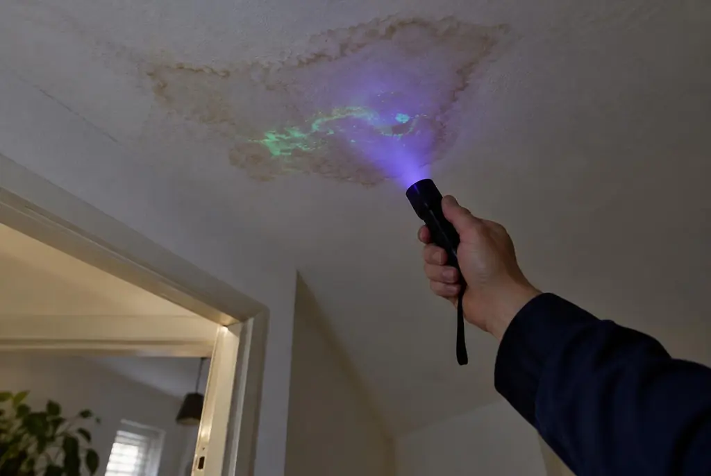 Lekdetectie Huizen – kleurstof controleren op het plafond met uv-licht