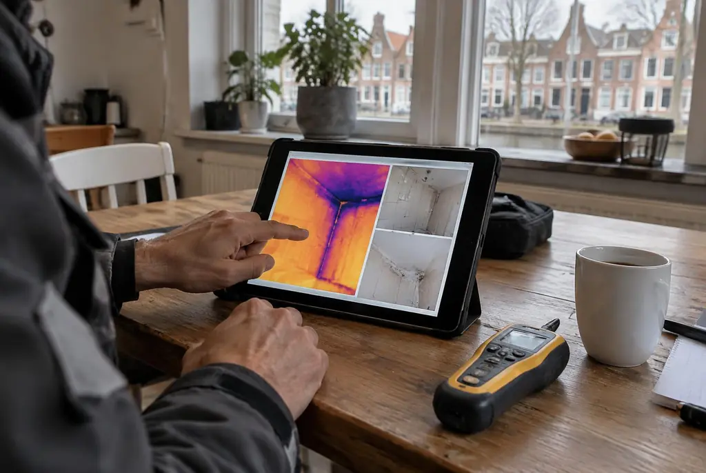 Lekdetectie Huizen – lekdetectierapport met warmtebeelden en foto's op een tablet
