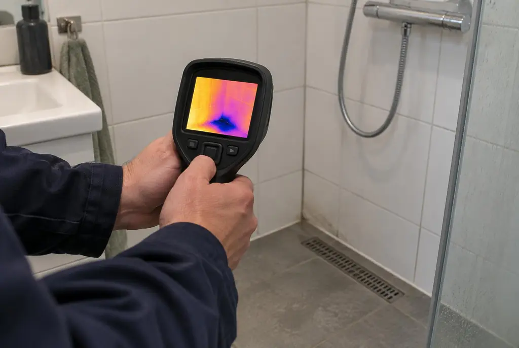 Lekdetectie Huizen – lekdetectiespecialist met warmtebeeldcamera in een badkamer