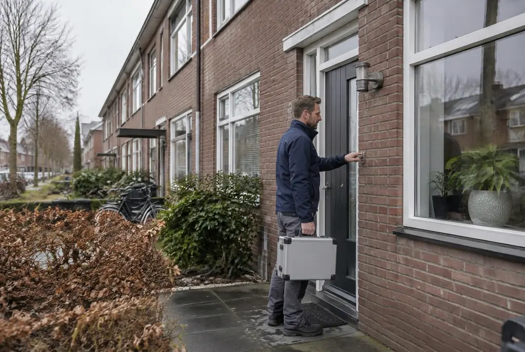 Lekdetectiespecialist met meetkoffer bij de voordeur van een woning in Huizen