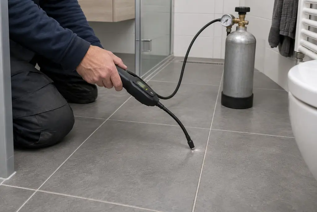 Lekdetectie Huizen – technicus spoort met tracergas een lekkage op in de vloer